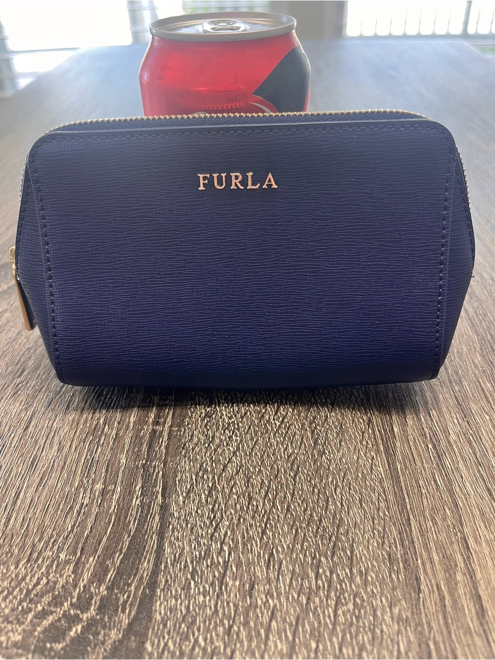 Furla Navy Blue Saffiano Cosmetic Pouch with Gold Logo